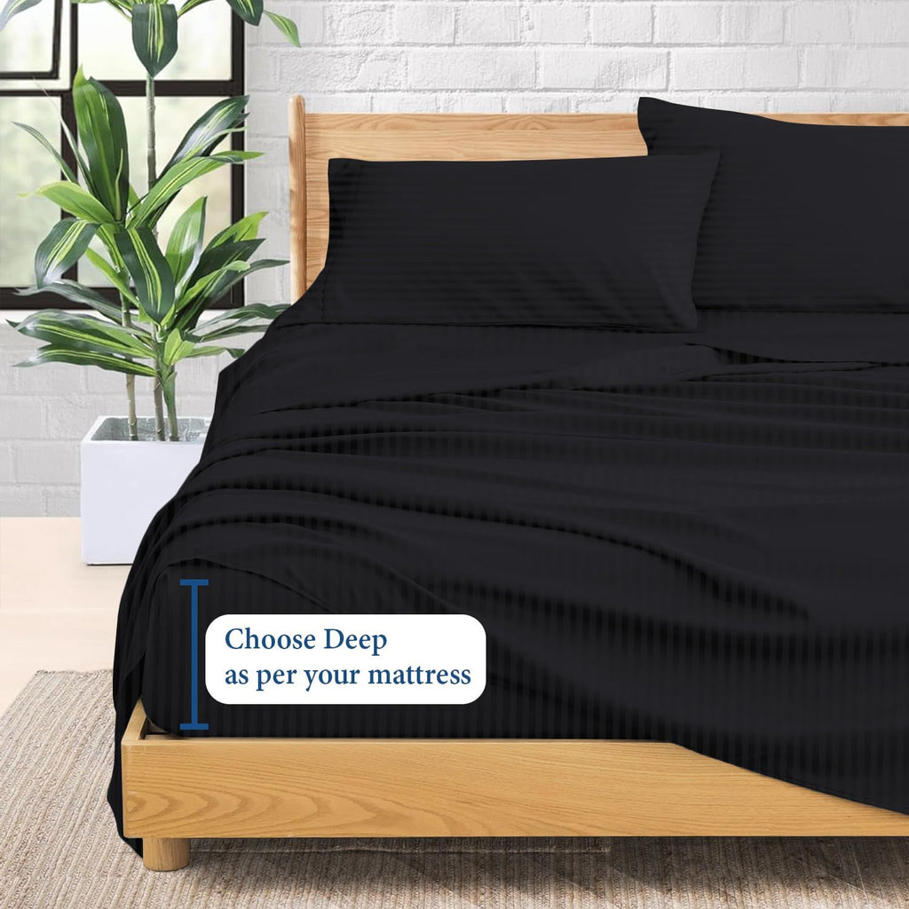 Luxury 1800 Thread Count Heavy Egyptian Cotton 4-PCs Sheet Set Fits Mattress 21-24'' Fully Elastic Deep Pocket (Queen Size) (Stripe, Black)
