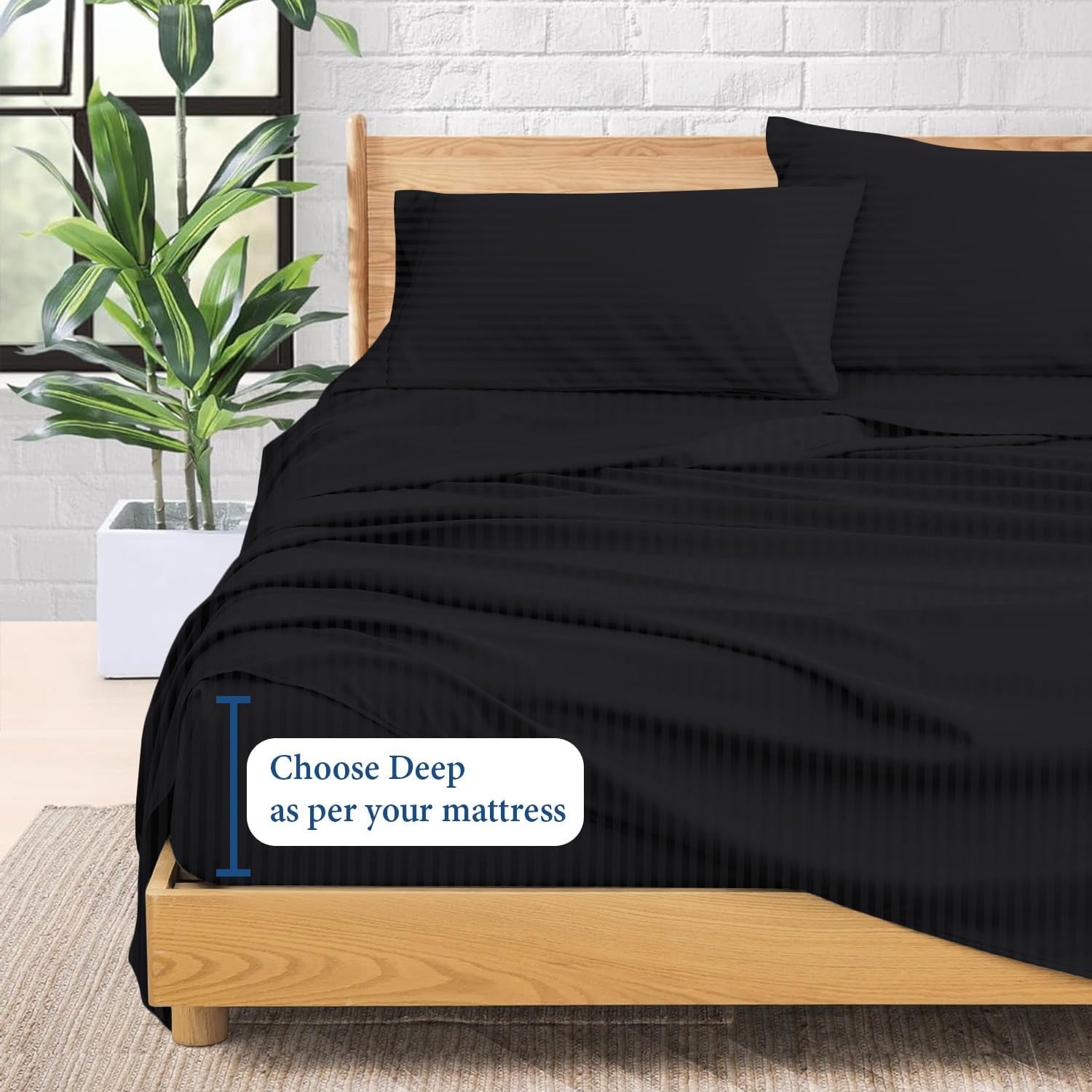 Luxury 1800 Thread Count Heavy Egyptian Cotton 4-PCs Sheet Set Fits Mattress 21-24'' Fully Elastic Deep Pocket (Queen Size) (Stripe, Black)