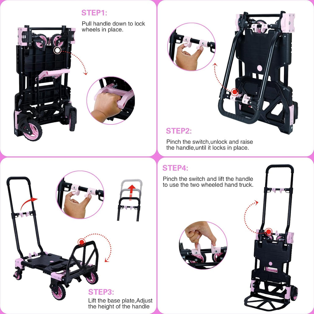 JJSMKCH 2 in 1 Folding Hand Truck,330LB Capacity Hand Truck Foldable,Dolly Cart with Wheels and 3-Speed Adjustable Handle,Portable Hand Cart,Collapsible Dolly for Moving (Pink)