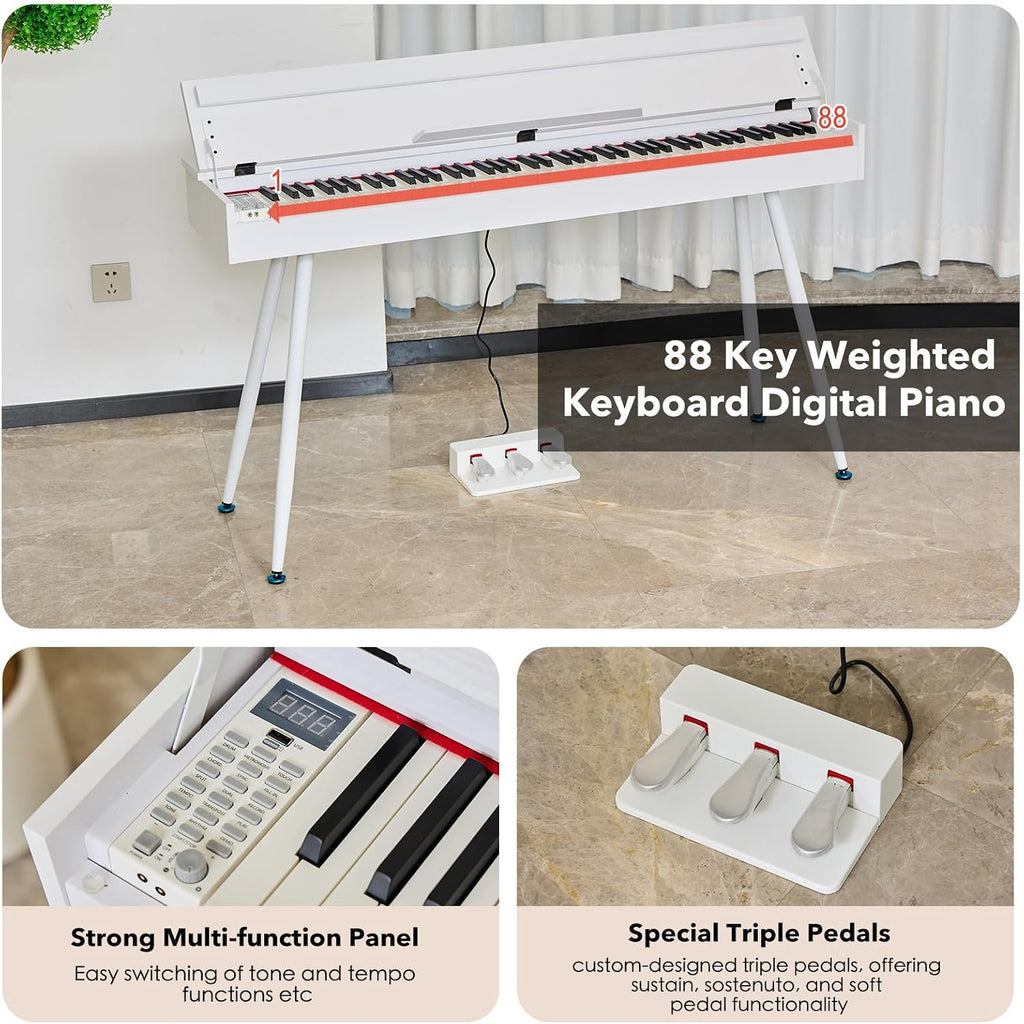 Digital Piano 88 Key Weighted Keyboard,Full-Size Desk Progressive Hammer-Action Electric Piano For Beginners, With Sheet Music Stand, Pedal,Power Adapter, Headphone Mode, Usb-Mid (Pearl White)