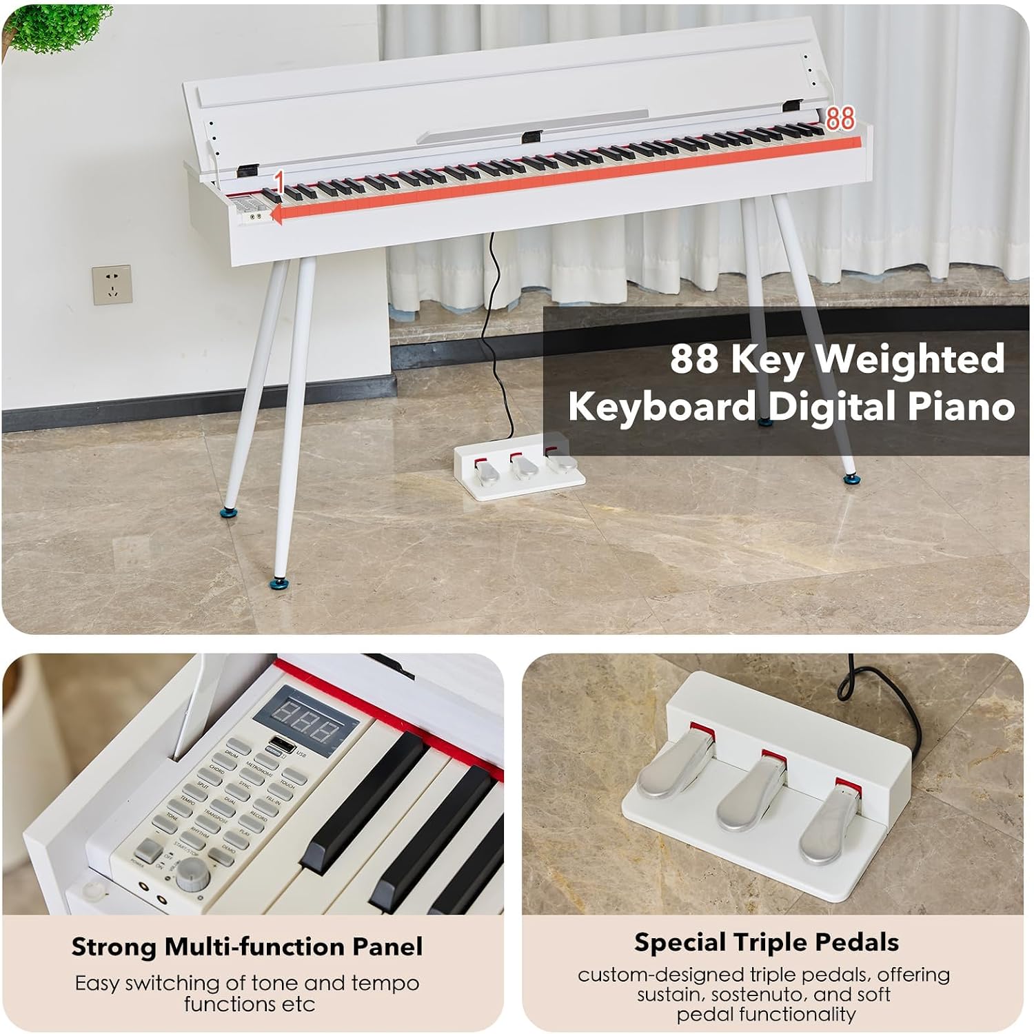 Digital Piano 88 Key Weighted Keyboard,Full-Size Desk Progressive Hammer-Action Electric Piano For Beginners, With Sheet Music Stand, Pedal,Power Adapter, Headphone Mode, Usb-Mid (Pearl White)