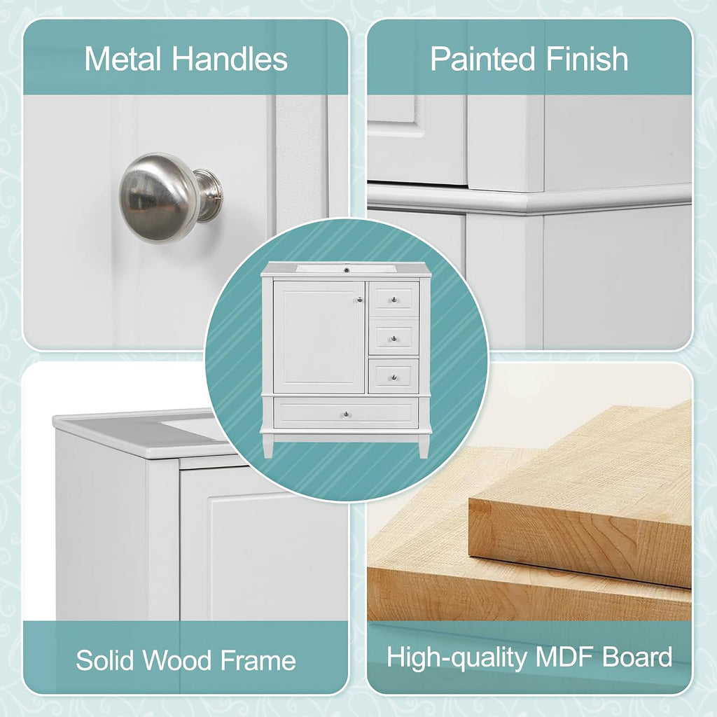 30 Inch White Bathroom Vanity with Sink,Modern Bathroom Sink Cabinet 30 Inch,Drop-in with Integrated Countertop,Storage Door Organizer & 3 Drawers,Soft Closing,Solid Wood Frame