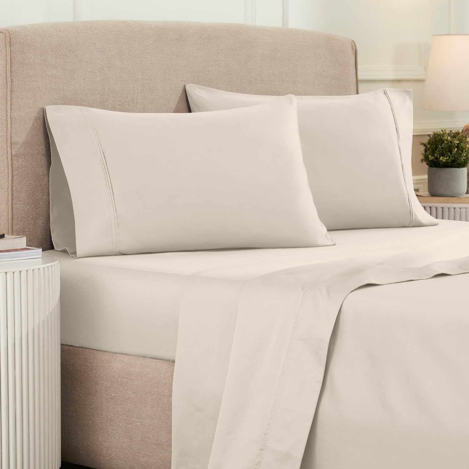 Superior 1200 Thread Count Egyptian Cotton Sheet Set, Bedroom Sheets, Modern Home Essentials, Luxury Bedding, 1 Elastic Deep Pocket Fitted Bed Sheet, 1 Flat Sheet, 2 Pillowcases, King, Ivory