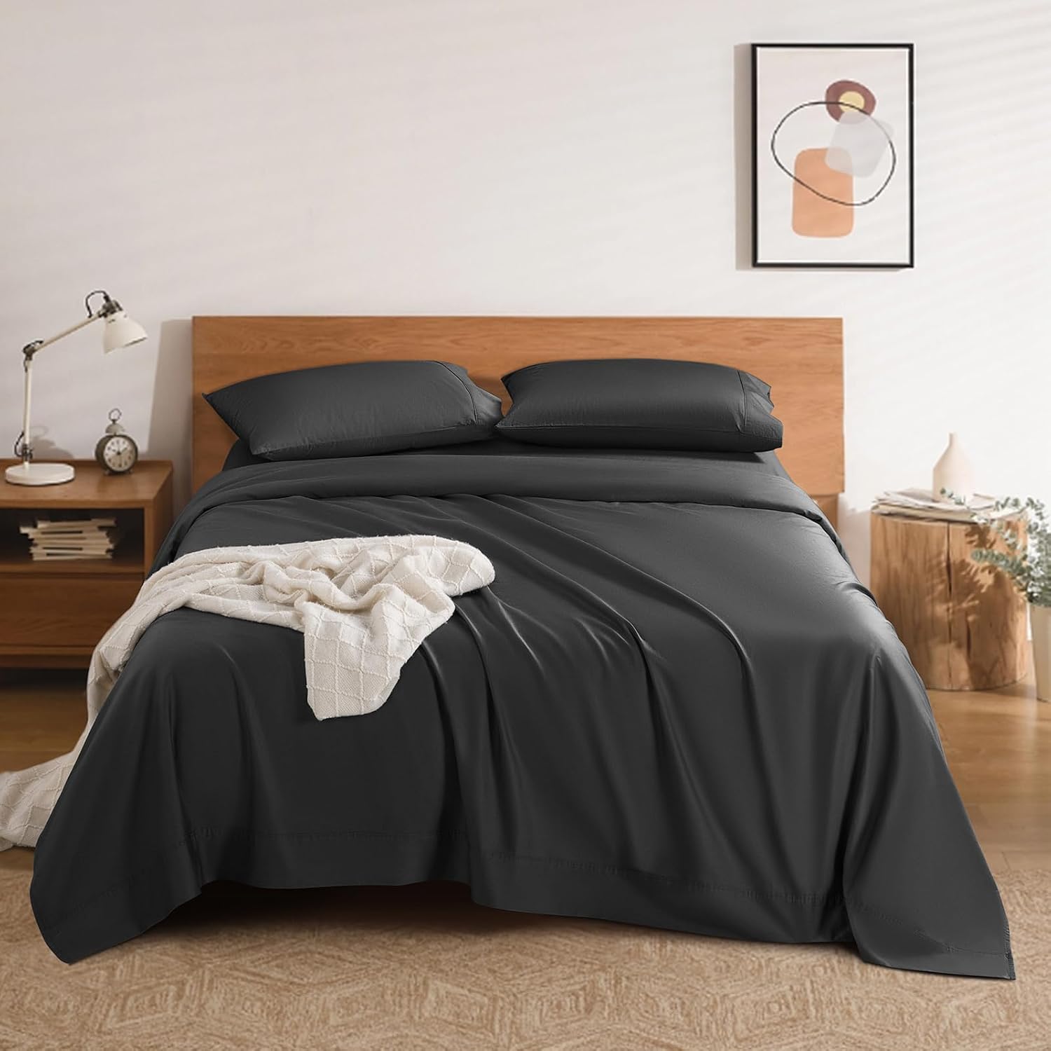 100% Cotton 1200 Thread Count Sheets Set Bedding Sets,Bed Sheet 4 Piece Sets,16 inches Deep Pocket (Black, California King)