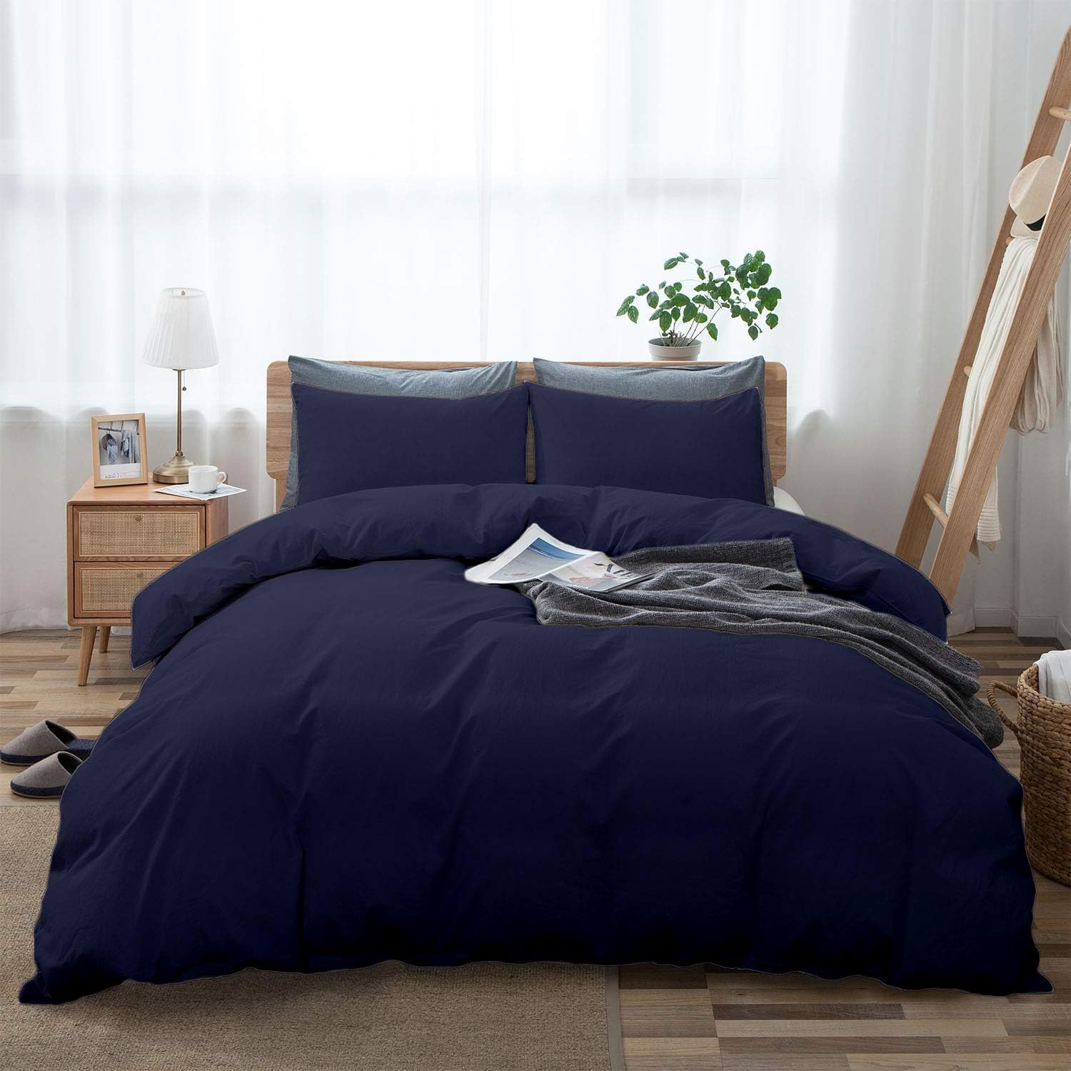 Navy Blue Duvet Cover Set Oversized Queen Size 1 Duvet Cover with 2 Pillow Shams 3-Pc Comforter Cover with Zipper Closure & Corner Tie 100% Egyptian Cotton Cover (98x98 Inch, Navy Blue)