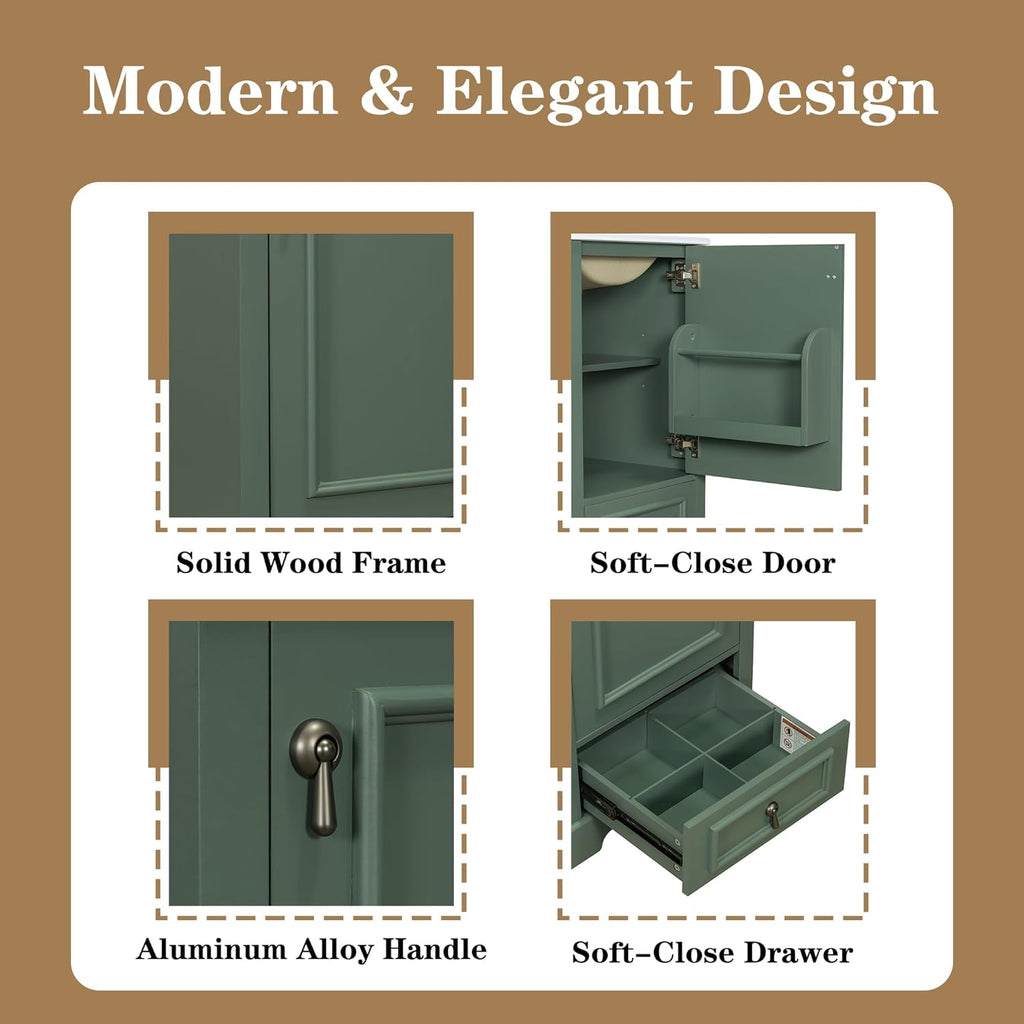 20 Inch Green Bathroom Vanity with Ceramic Sink and 1 Divider Drawer, Modern Bathroom Cabinet with Adjustable Shelf, Over Door Storage Rack and Soft Close Door