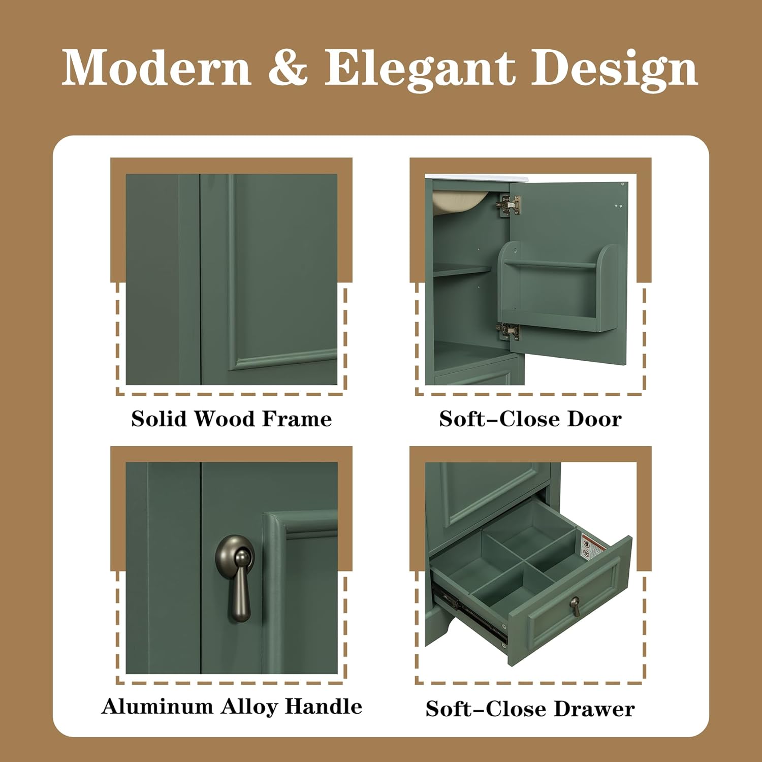 20 Inch Green Bathroom Vanity with Ceramic Sink and 1 Divider Drawer, Modern Bathroom Cabinet with Adjustable Shelf, Over Door Storage Rack and Soft Close Door