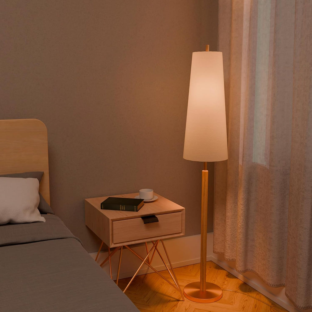 Globe Electric 61000173 63' Floor Lamp, Matte Brass, Wood Toned Accent, Long White Fabric Shade, in-Line On/Off Foot Switch, 6.7-Foot Clear Cord, 1-Light, 60W E26/Medium Base Bulb
