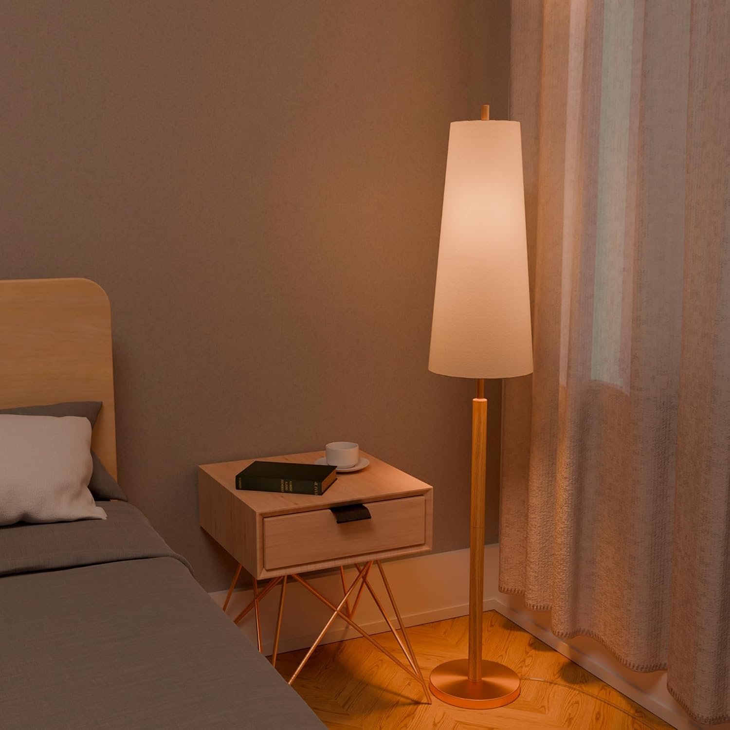 Globe Electric 61000173 63' Floor Lamp, Matte Brass, Wood Toned Accent, Long White Fabric Shade, in-Line On/Off Foot Switch, 6.7-Foot Clear Cord, 1-Light, 60W E26/Medium Base Bulb