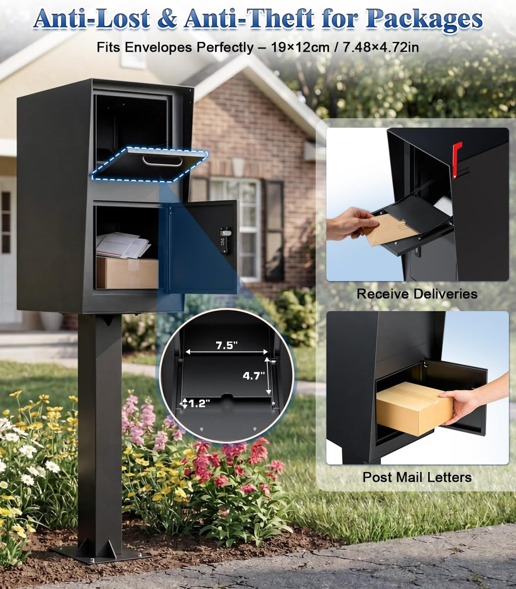 Locking Mailbox All-in-One Curbside Secure Box for Packages & Mail, Galvanized Steel Combination Lock & Key Anti-Theft Rainproof Extra Large Spacious Interior (Black, Small)