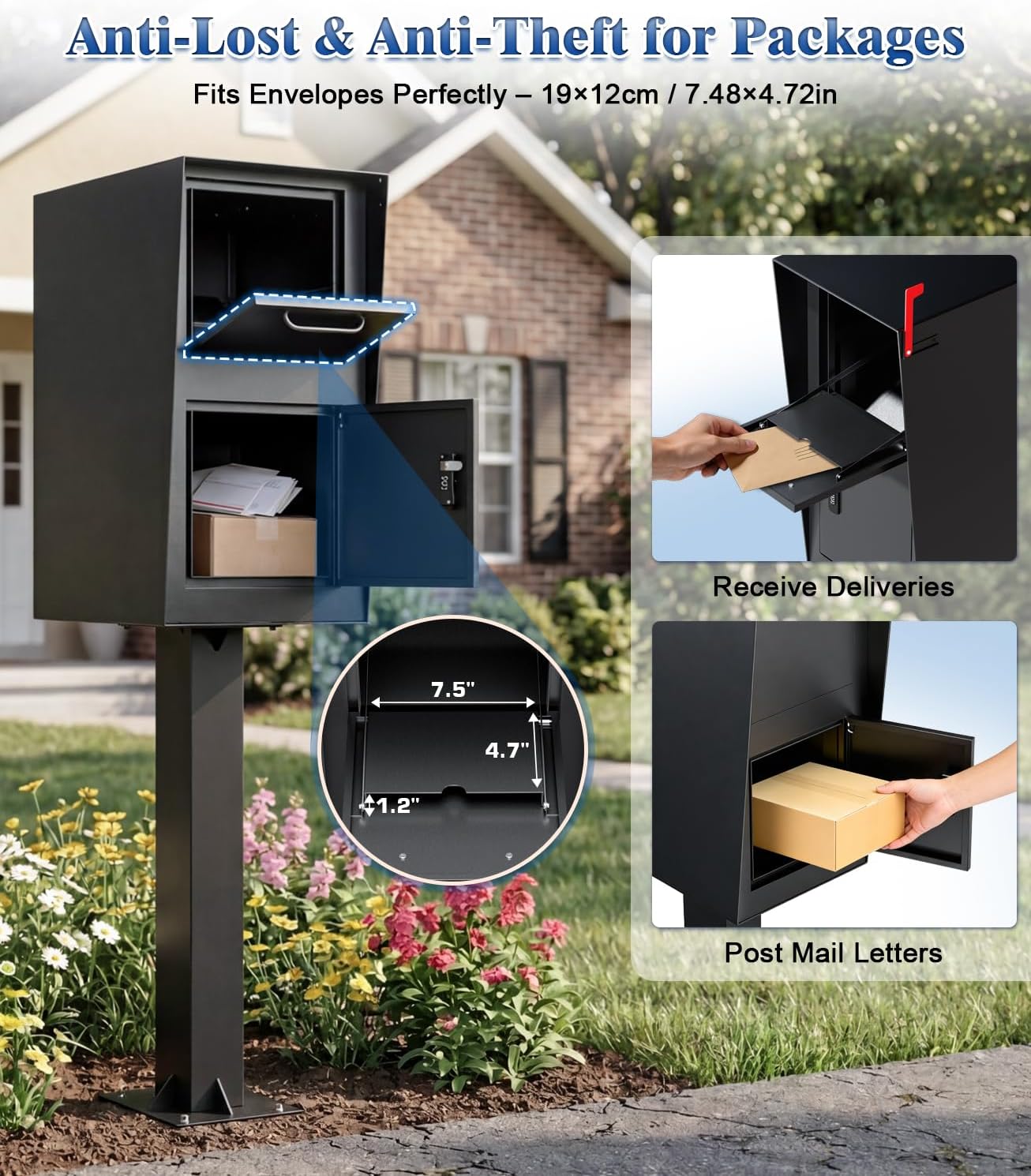 Locking Mailbox All-in-One Curbside Secure Box for Packages & Mail, Galvanized Steel Combination Lock & Key Anti-Theft Rainproof Extra Large Spacious Interior (Black, Small)