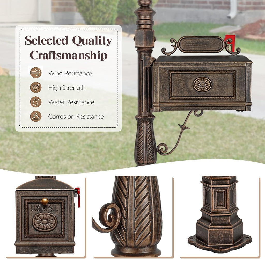 Heavy Duty Mailbox Classic Decorative Cast Aluminum Mail Box Postal Vertical Pedestal (Bronze)
