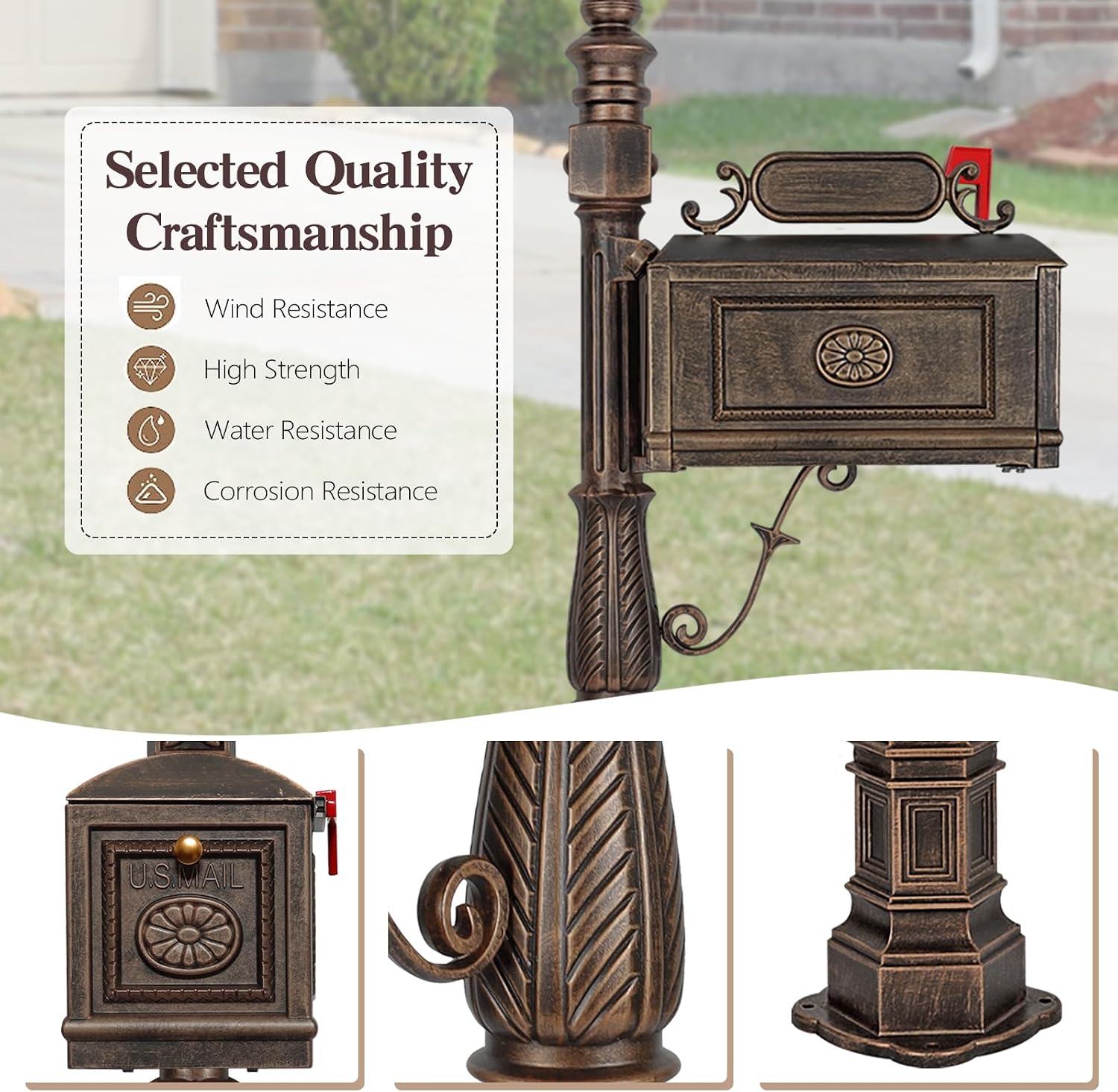 Heavy Duty Mailbox Classic Decorative Cast Aluminum Mail Box Postal Vertical Pedestal (Bronze)