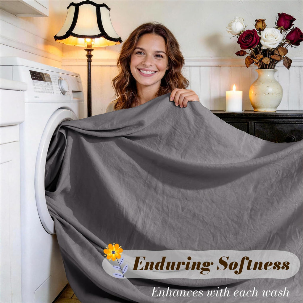 SONORO KATE 100% French Pure Linen Sheets, Breathable and Durable Linen Queen Size Sheets, Anti-Tear Linen Bed Sheets, Machine Washable, 16 Inch Deep Pocket - 4 Piece (Dark Grey, Queen)