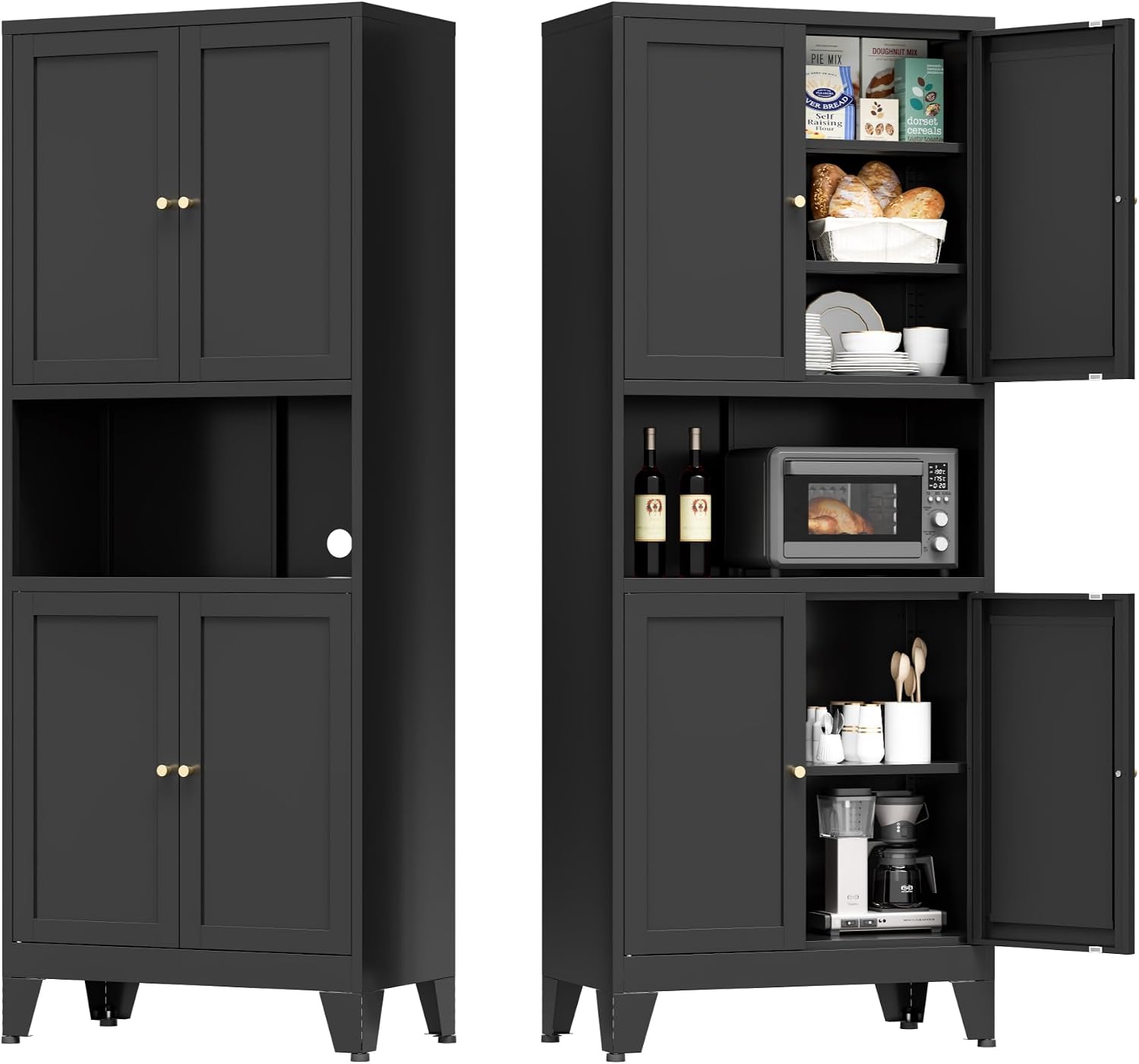 Bevivog Black Pantry Cabinet, 69' Tall Metal Storage Cabinet with Hutch, 4 Doors Pantry Shelves Microwave Stand, Freestanding Tall Bathroom Storage Cabinet for Kitchen, Dining Room, Laundry Room