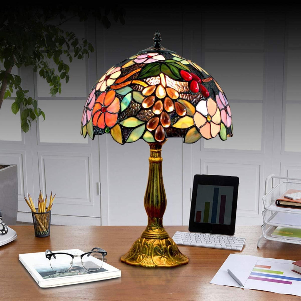 Tiffany Table Lamp Hand-Made Grape Rose Stained Glass Table Lamps Bedside Nightstand Lamp for Bedroom, Living Room, Home Office Desk Lamp,Home Deco Art,W/LED E26 Bulb,12X12X18Inch