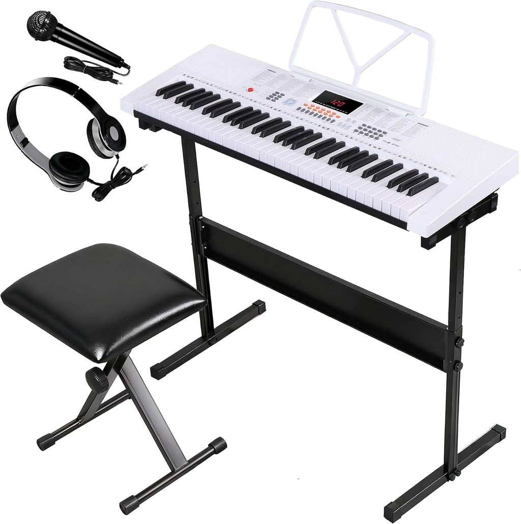ZENY 61-Key Portable Electric Keyboard Piano with Built In Speakers, LED Screen, Headphones, Microphone, Piano Stand, Music Sheet Stand and Stool (White)