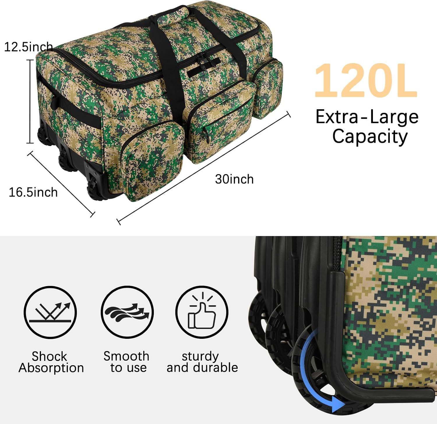 120L 3 Wheel Tactical Rolling Duffle Bag, Heavy Duty Military Deployment Luggage, 900D Waterproof Duffel for Camping Travel Outdoor Sports