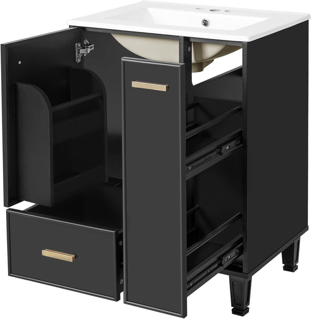 Harper & Bright Designs 24' Bathroom Vanity with Sink, Free Standing Vanity Set with Door Shelf, Deep Drawer, and 2-Tier Pull-Out Basket, Wood Storage Cabinet with Ceramic Basin for Bathroom, Black