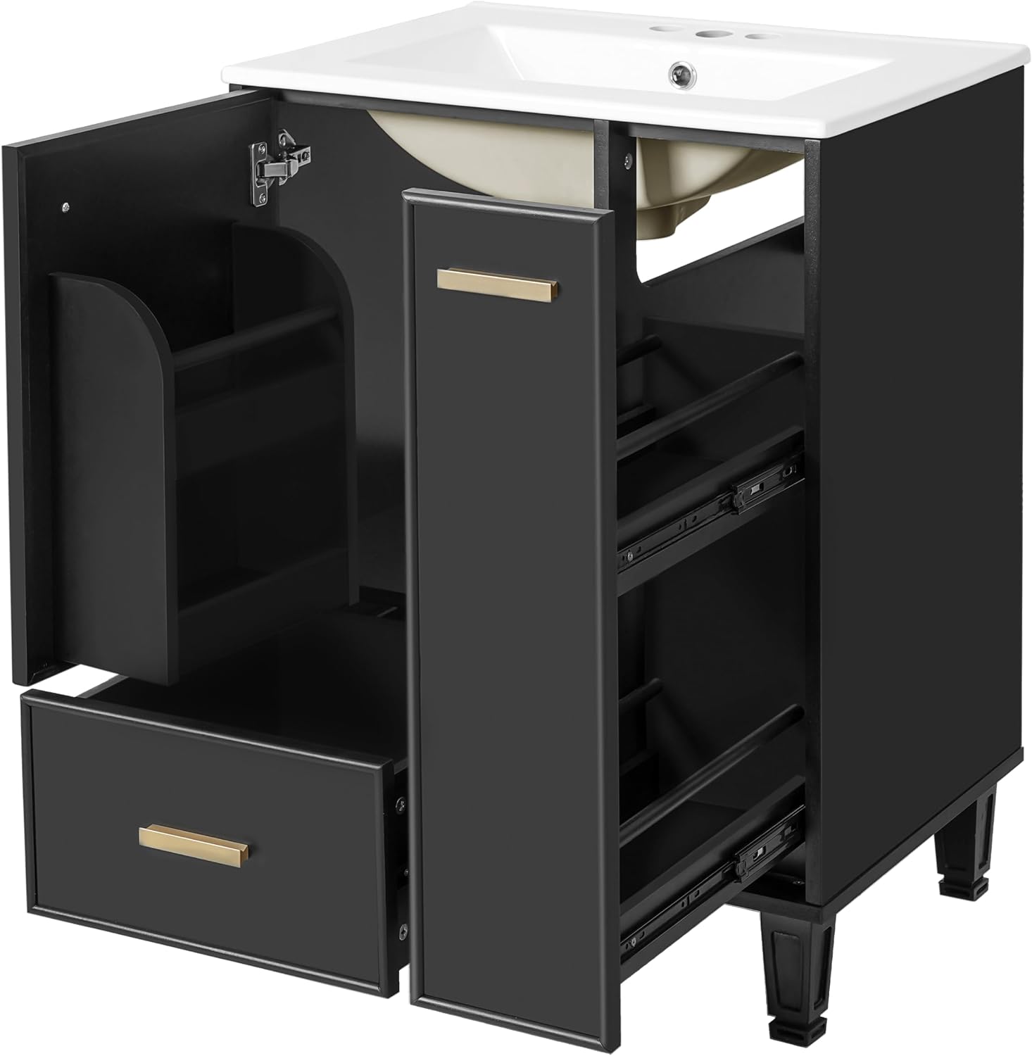 Harper & Bright Designs 24' Bathroom Vanity with Sink, Free Standing Vanity Set with Door Shelf, Deep Drawer, and 2-Tier Pull-Out Basket, Wood Storage Cabinet with Ceramic Basin for Bathroom, Black