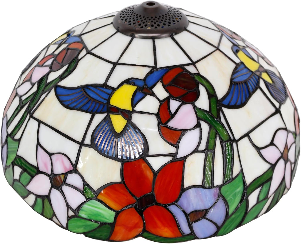 Large Tiffany Lamp Shade Replacement Only 16Inch Stained Glass Lampshade Fit For Table Lamps FLoor Lamp Ceiling Fixture Pendant Hanging Light Home Office Decoration (Cream Amber Hummingbird)