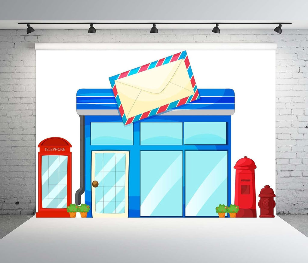 BELECO 20x10ft Fabric Post Office Backdrop Cartoon Street Blue Postoffice Mailbox Telephone Booth Background for Themed Party Decorations Postman Kids Birthday Shoot Photo Studio Props