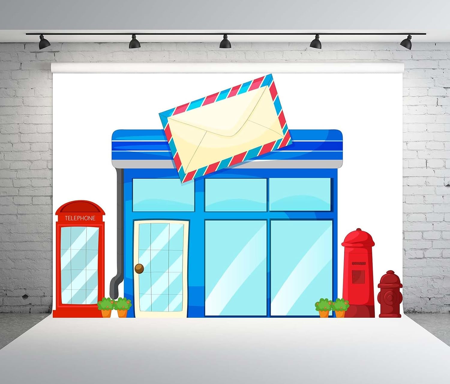 BELECO 20x10ft Fabric Post Office Backdrop Cartoon Street Blue Postoffice Mailbox Telephone Booth Background for Themed Party Decorations Postman Kids Birthday Shoot Photo Studio Props