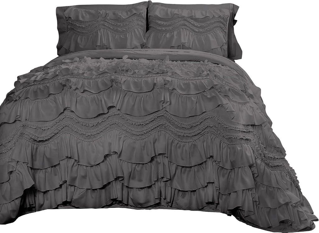 100% Egyptian Cotton, 550 GSM Microfiber Filled Quilt Ruffled Textured 3 Piece Full/Queen Size Comforter Set, Dark Grey