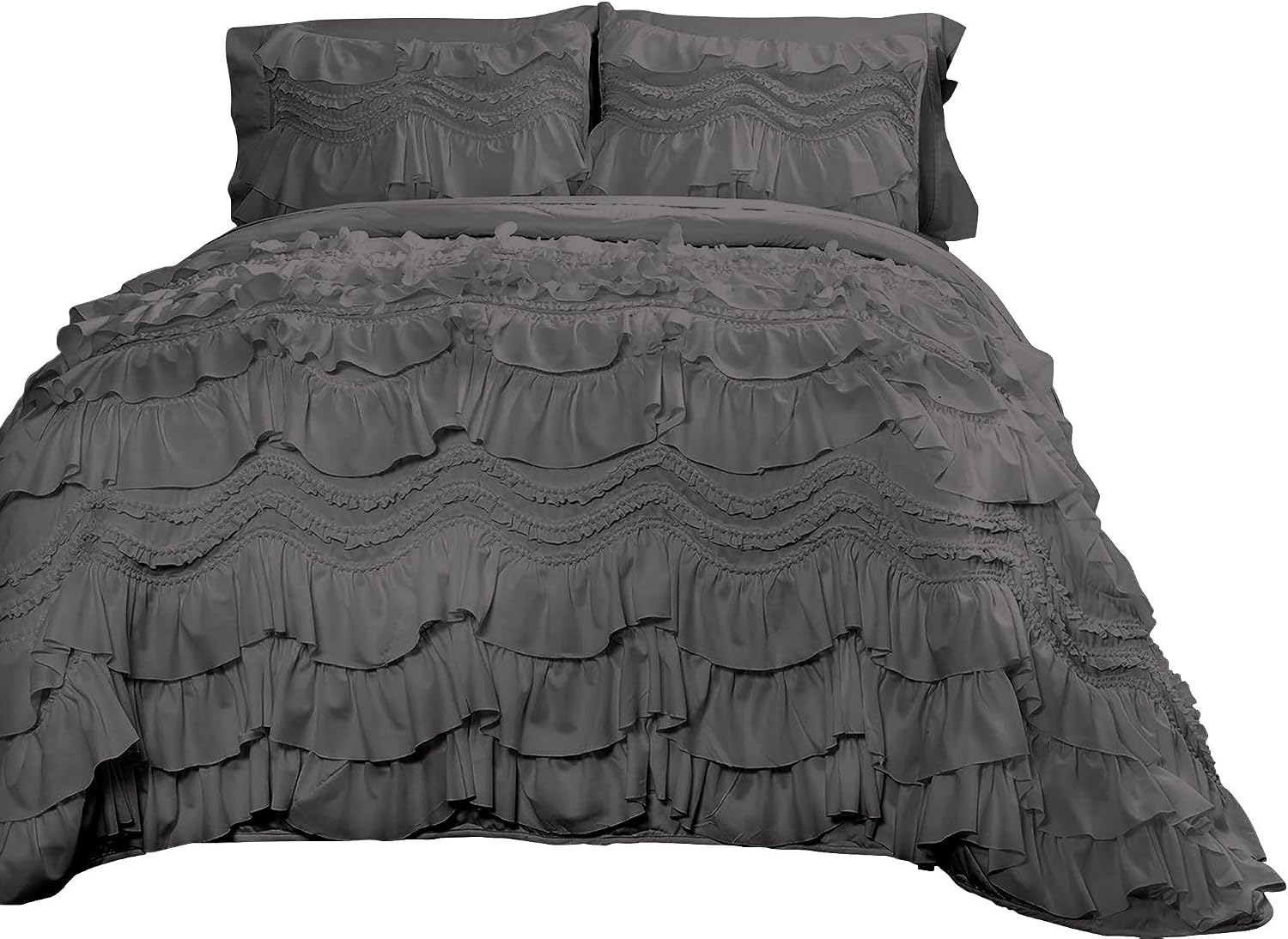 100% Egyptian Cotton, 550 GSM Microfiber Filled Quilt Ruffled Textured 3 Piece Full/Queen Size Comforter Set, Dark Grey