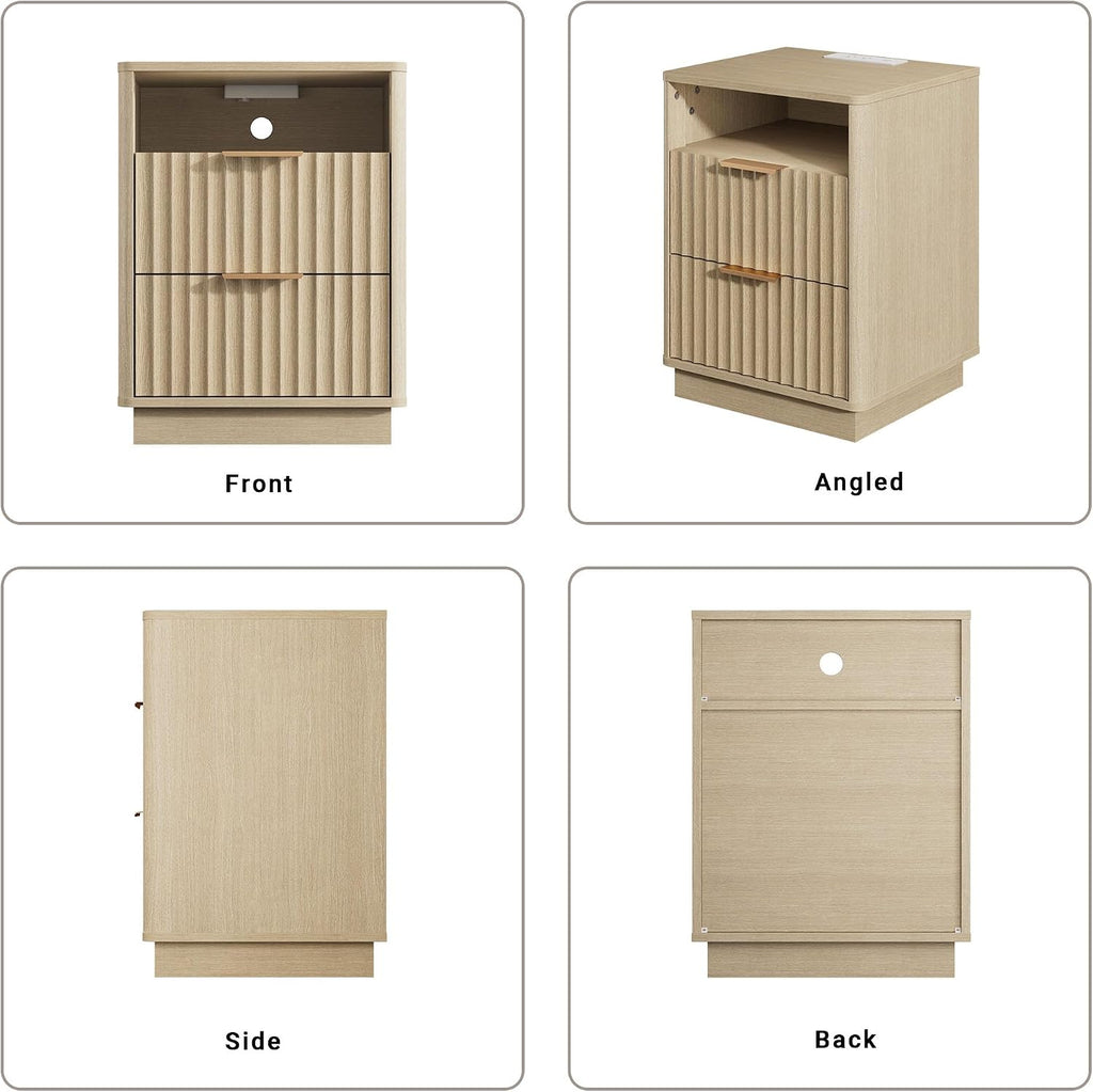 Fluted Nightstand, Night Stand Set 2, Modern Nightstands Set of 2 with Charging Station, 2 Drawer End Table w/Storage, Bedside Table for Bedroom Sofa Home Office, Curved Corners,Natural Oak