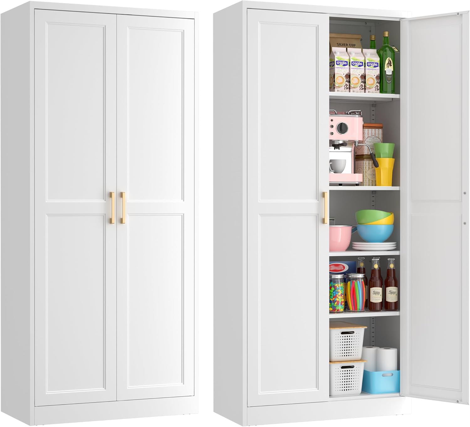 71' Tall Metal Pantry Cabinet, White Kitchen Pantry Storage Cabinet with 4 Adjustable Shelves and Gold Handles, Cupboard for Kitchen, Dining Room, Living Room, Bathroom