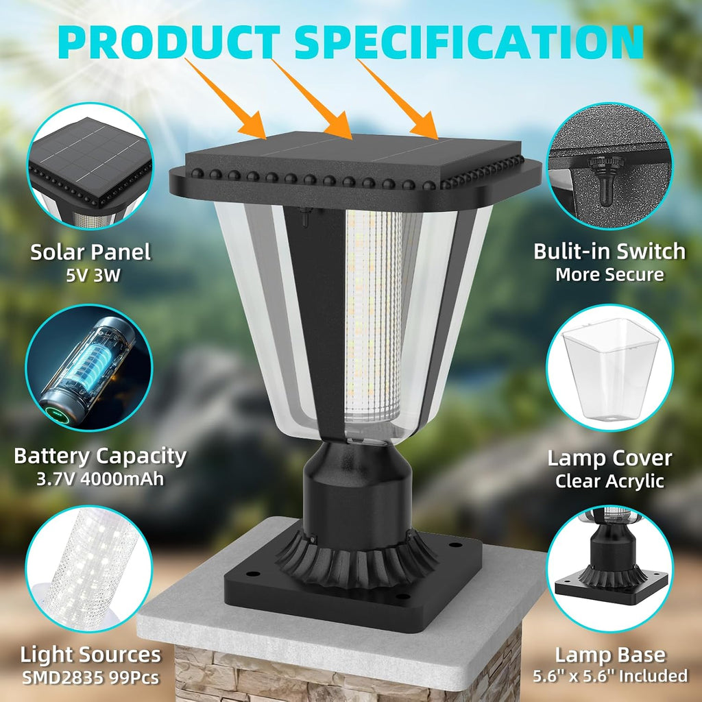 Lovus Solar Post Lights with Pier Mount Base, 6000K Cold White Solar Lamp Post Light IP65 Waterproof, Dusk to Dawn LED Outdoor Column Lights, 400LM Pole Light for Pillar, Garden, Yard, Gate, 2 Pack