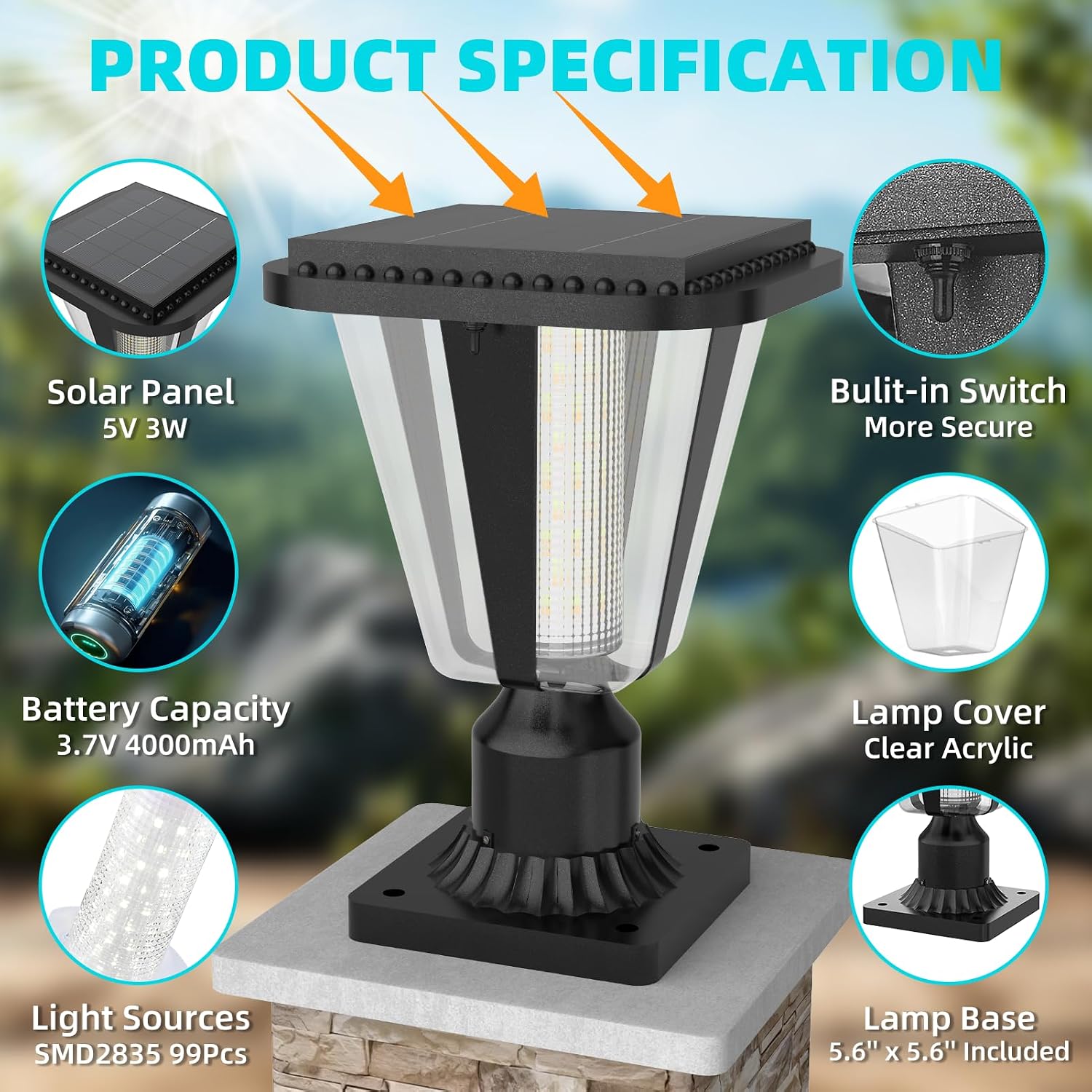 Lovus Solar Post Lights with Pier Mount Base, 6000K Cold White Solar Lamp Post Light IP65 Waterproof, Dusk to Dawn LED Outdoor Column Lights, 400LM Pole Light for Pillar, Garden, Yard, Gate, 2 Pack