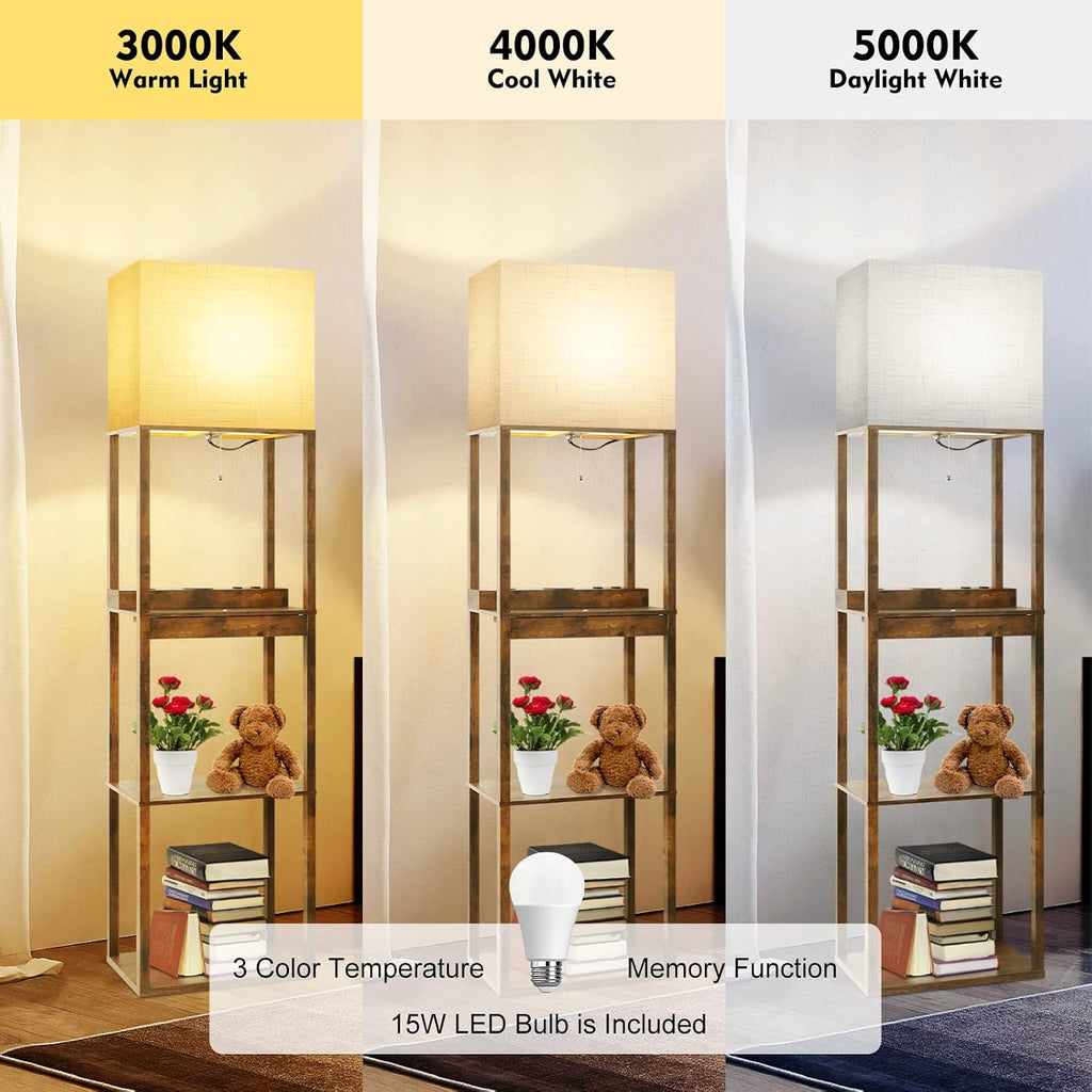 RUNTOP Floor Lamp with Shelves, Plus Shelf Lamp with Wireless Charger, 2 USB Port and Outlet, 1 Drawer, 15W LED Bulb, 3 Colors, Memory Function, Floor Lamps for Living Room, Standing Lamp for Bedroom