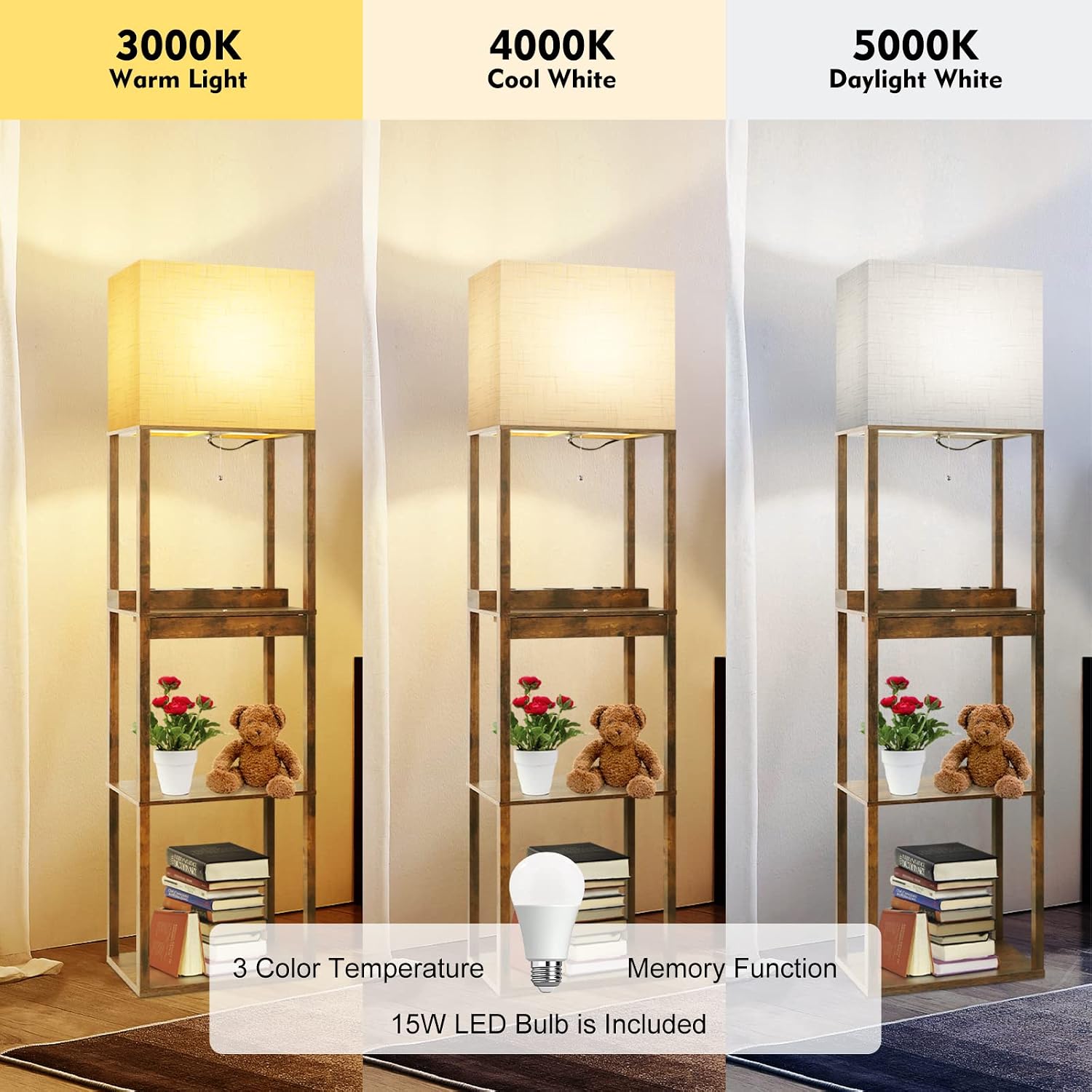 RUNTOP Floor Lamp with Shelves, Plus Shelf Lamp with Wireless Charger, 2 USB Port and Outlet, 1 Drawer, 15W LED Bulb, 3 Colors, Memory Function, Floor Lamps for Living Room, Standing Lamp for Bedroom