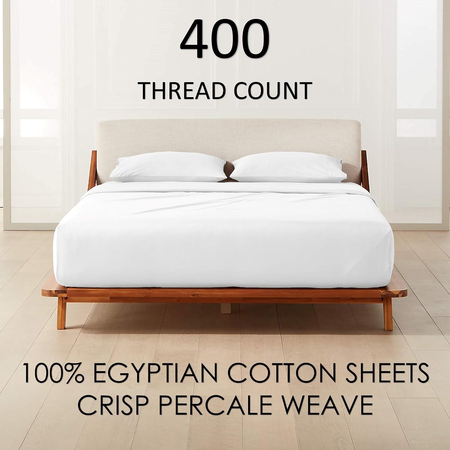 Texas King Size Luxury 400 Thread-Count Soft Crisp Percale Weave 100% Egyptian Long Staple Cotton Bed Sheets Sheet Set 18 Inch Deep-Pockets - Texas King, Percale White