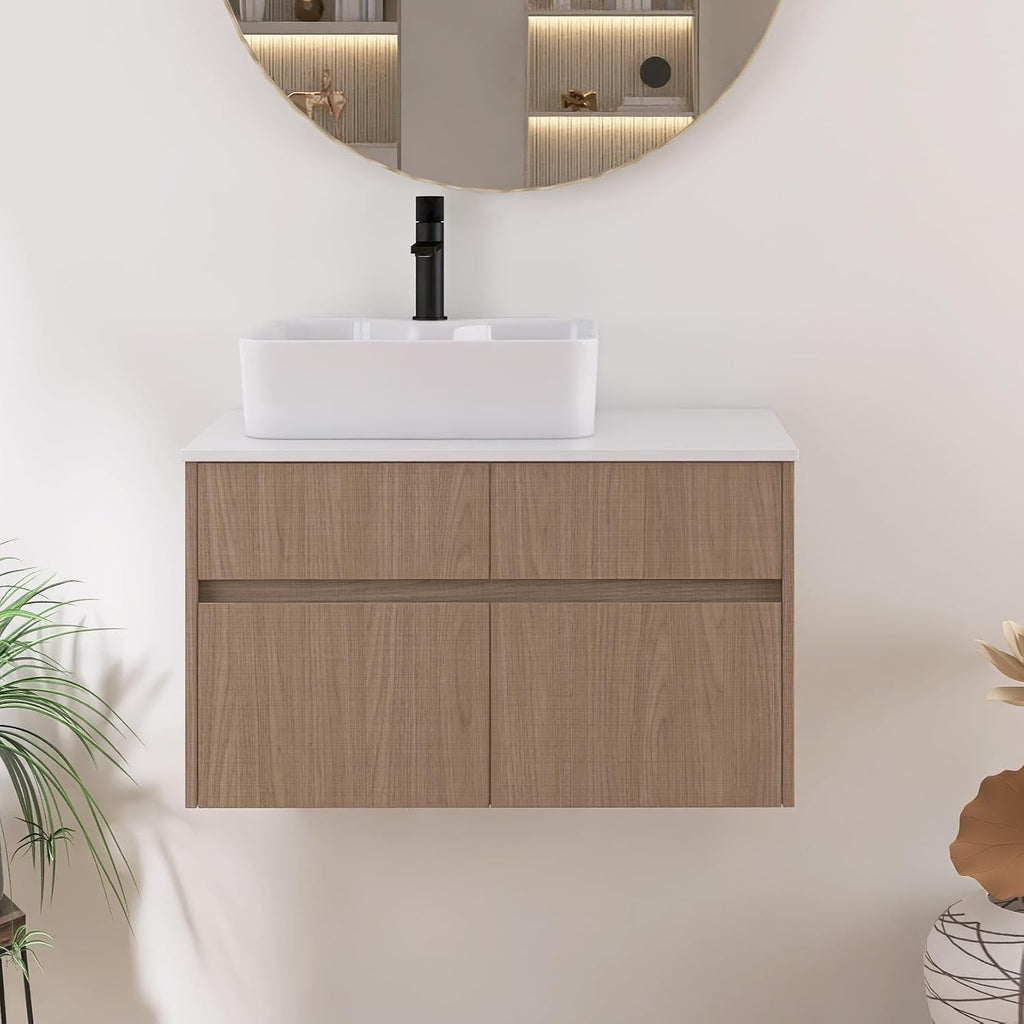 32 Inch Floating Bathroom Vanity with Sink, Modern Wall Mounted Cabinet, Ceramic Vessel Basin, 2 Soft Close Doors and 2 Drawer, Light Walnut