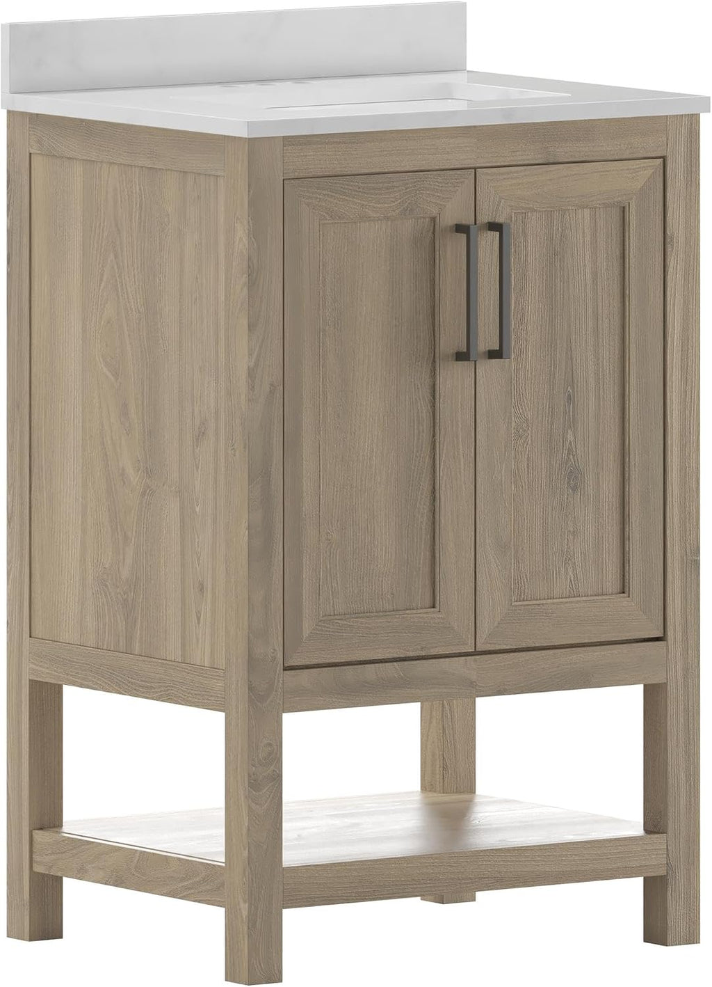 Flash Furniture Vega 24 Inch Bathroom Vanity with Sink Combo, Storage Cabinet with Soft Close Doors and Open Shelf, Carrara Marble Finish Countertop, Brown/White