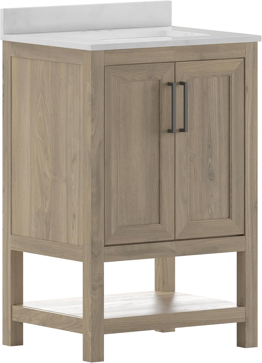 Flash Furniture Vega 24 Inch Bathroom Vanity with Sink Combo, Storage Cabinet with Soft Close Doors and Open Shelf, Carrara Marble Finish Countertop, Brown/White