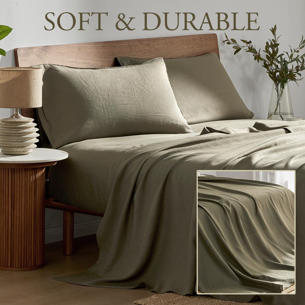 DAPU Pure Linen Sheets Set, 100% French Linen from Normandy, Breathable and Durable for Hot Sleepers, 4 Pcs Set - 1 Flat Sheet, 1 Fitted Sheet, 2 Pillowcase (Forest Green, Queen)