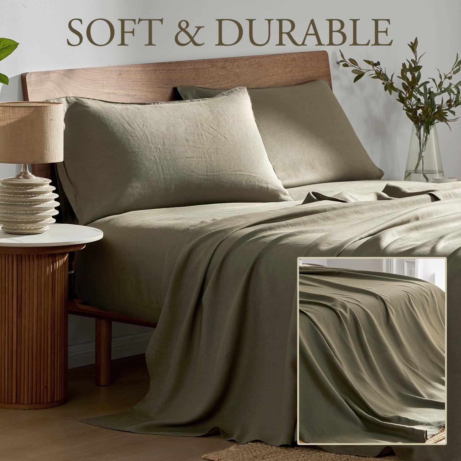 DAPU Pure Linen Sheets Set, 100% French Linen from Normandy, Breathable and Durable for Hot Sleepers, 4 Pcs Set - 1 Flat Sheet, 1 Fitted Sheet, 2 Pillowcase (Forest Green, Queen)