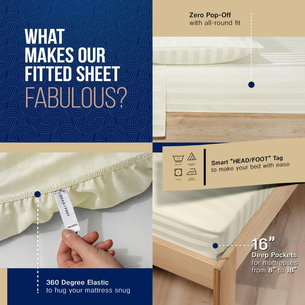 TEXAS LINEN CO. 100% Egyptian Cotton Sheets Queen Size - Luxury 1000 Series Lonestar Lovin' Damask Bed Sheets Queen Size Set (4 PC, Dark Grey Stripe), Cooling, 16' Deep Pocket, Sateen Hotel Sheets