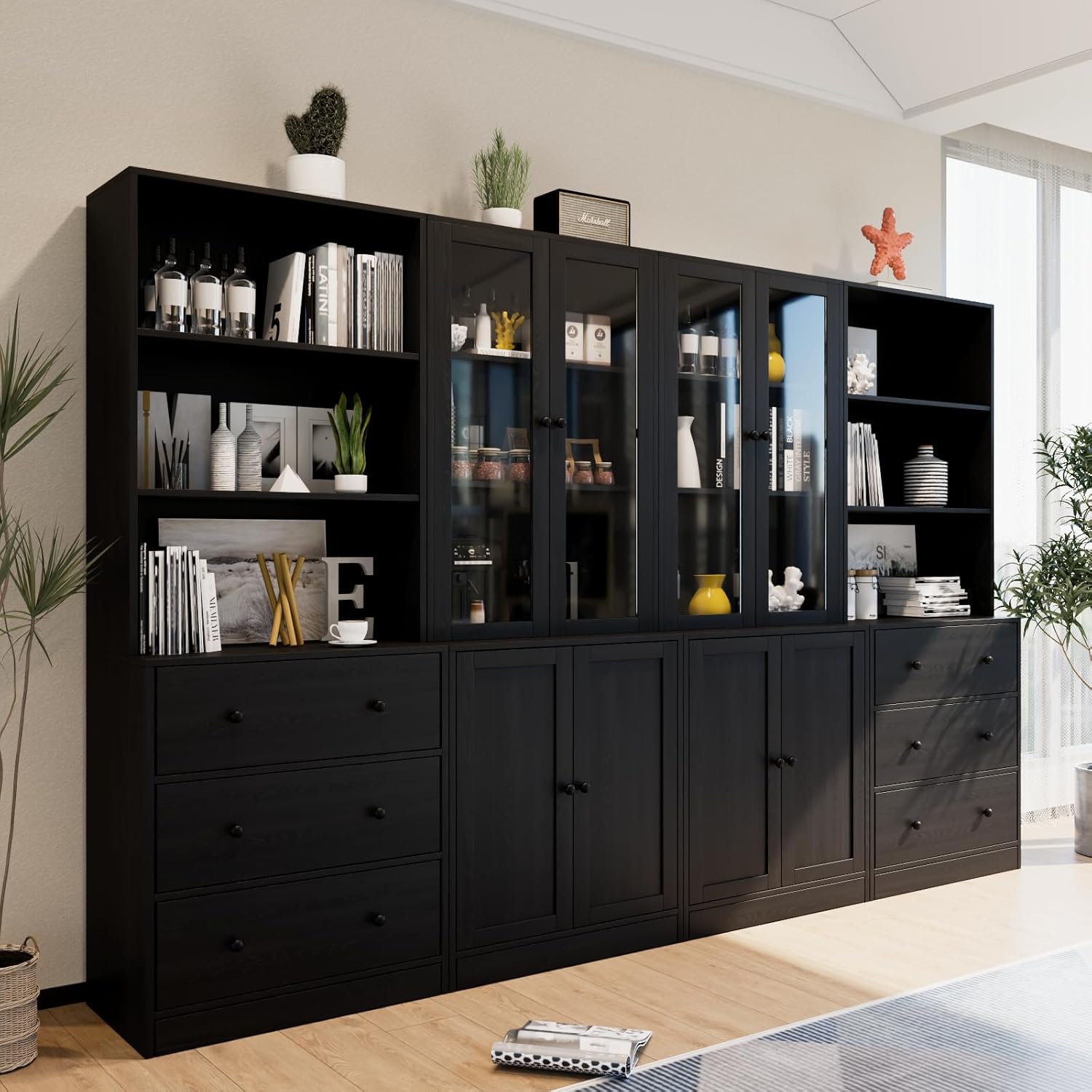TUSY 71' H Bookshelf with Storage, 6-Tier Modern Bookshelves with 3 Large Drawer, Display Bookcase with Glass Doors, Modern 5-Tier Curio Cabinet for Home Office, Dining Room (Black, AB)