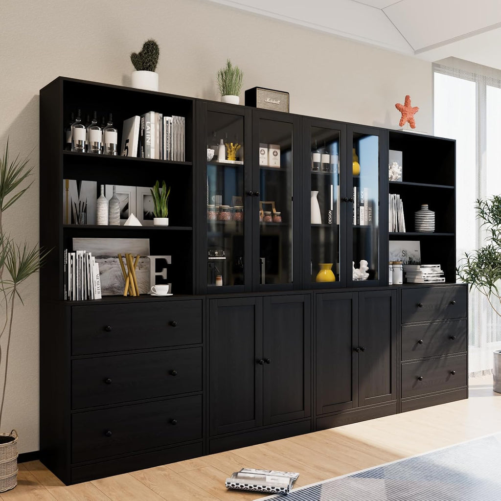 TUSY 71' H Bookshelf with Storage, 6-Tier Modern Bookshelves with 3 Large Drawer, Display Bookcase with Glass Doors, Modern 5-Tier Curio Cabinet for Home Office, Dining Room (Black, ABBA)