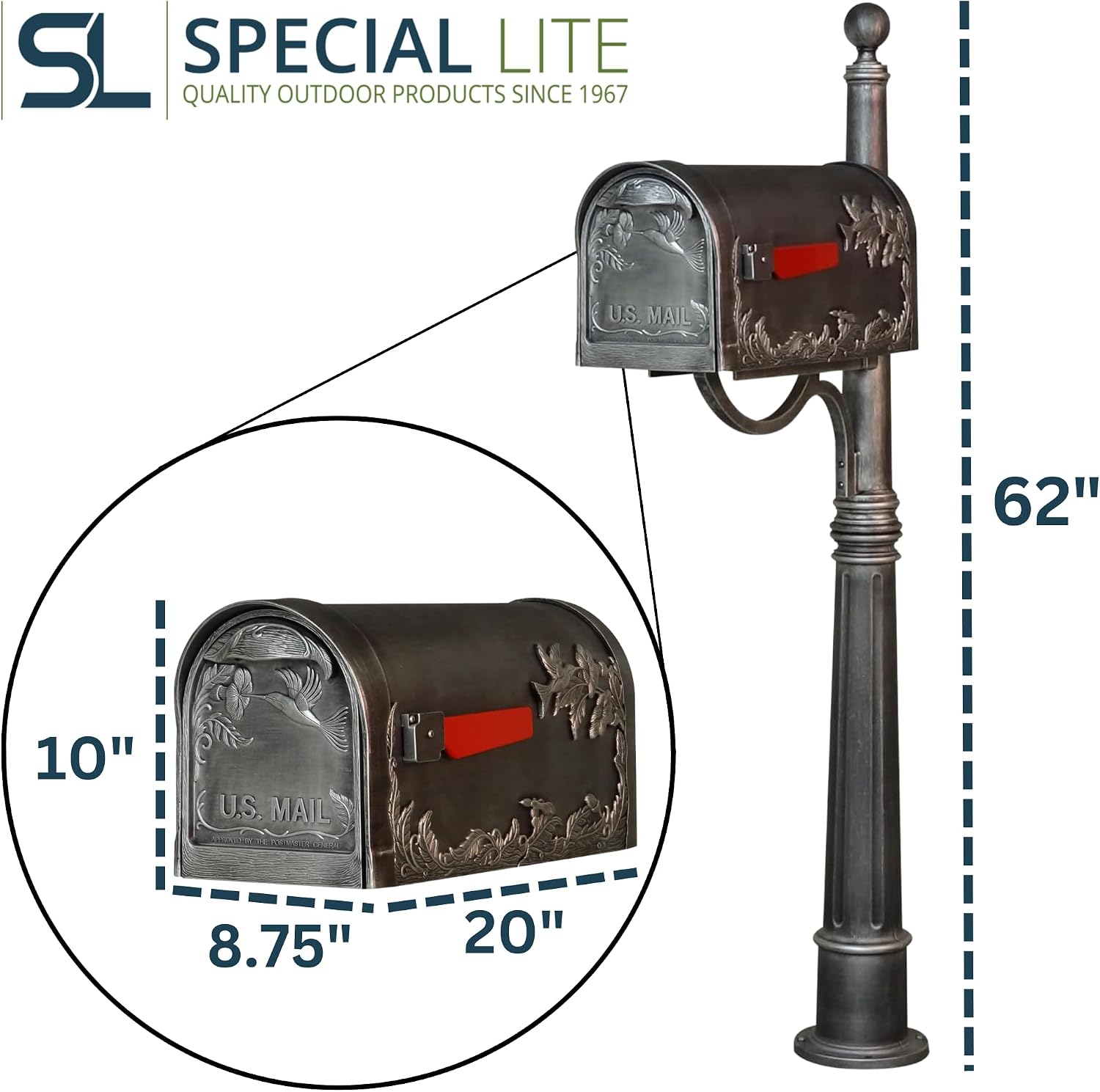 Special Lite Hummingbird Curbside Mailbox with Ashland Post - Swedish Silver Mailbox with Aluminum Post - SCB-1005_SPK600-SW