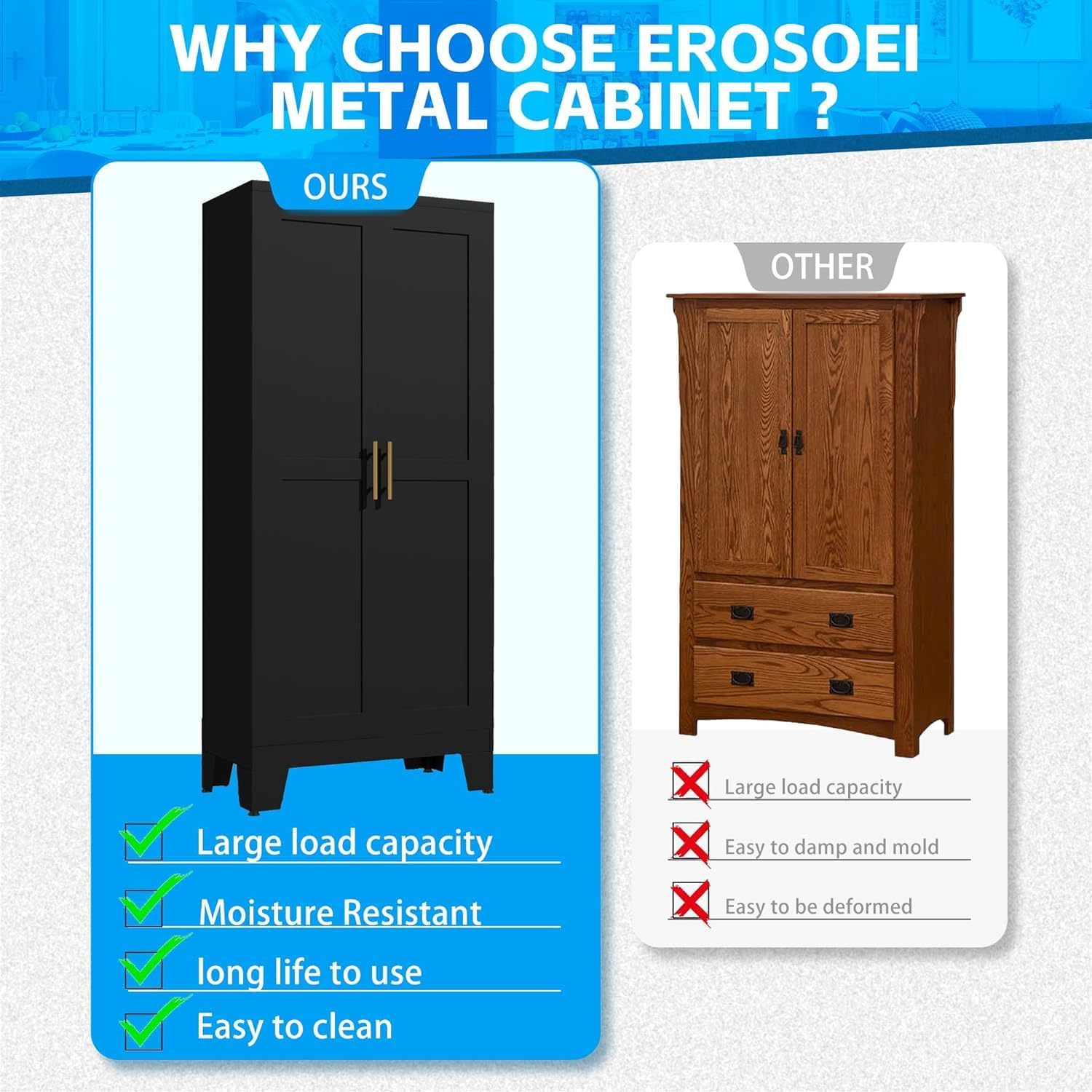 erosoei 61.02'H Metal Pantry Storage Cabinet, Kitchen Storage Cabinets with Adjustable Feet and Shelves, Pantry Cabinet for Kitchen, Living Room, Laundry Room and Dinning Room