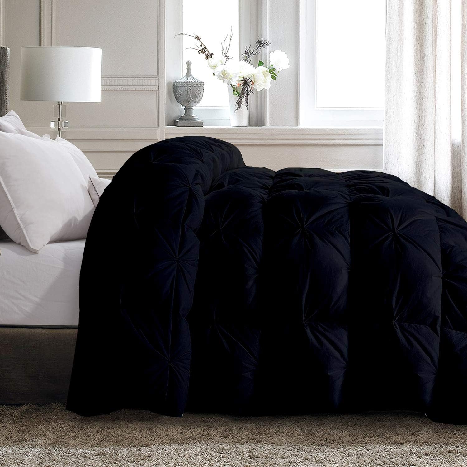 Pinch Pleated Soft 400 GSM All Season Black 5 Piece Queen Size Comforter Set (Comforter + 4 Pillowcases) 600 Series Egyptian Cotton Comforter Bedding Set