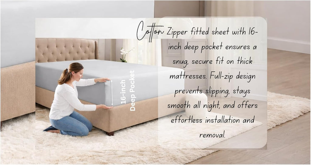 Zipper Fitted Sheet - Includes 1 Fitted Sheet Base & 2 Zip-On Sheets - Upto 16' in. Deep Pockets King Size Zipper Fitted Sheet - Easy to Change, Sateen Cotton 600 TC Fitted Sheet - White