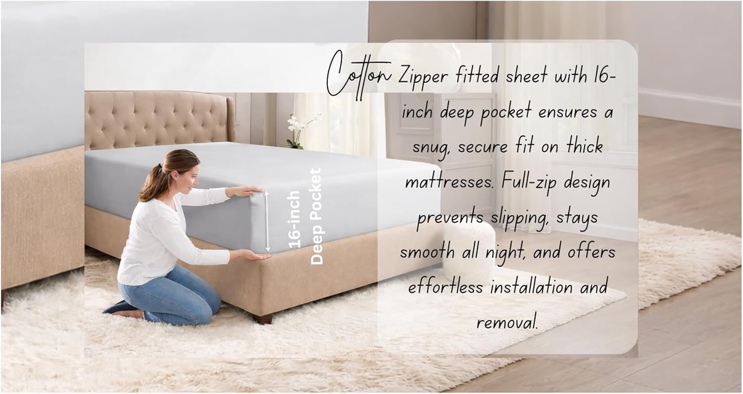 Zipper Fitted Sheet - Includes 1 Fitted Sheet Base & 2 Zip-On Sheets - Upto 16' in. Deep Pockets Queen Size Zipper Fitted Sheet - Easy to Change, Sateen Cotton 600 TC Fitted Sheet - Baby Pink