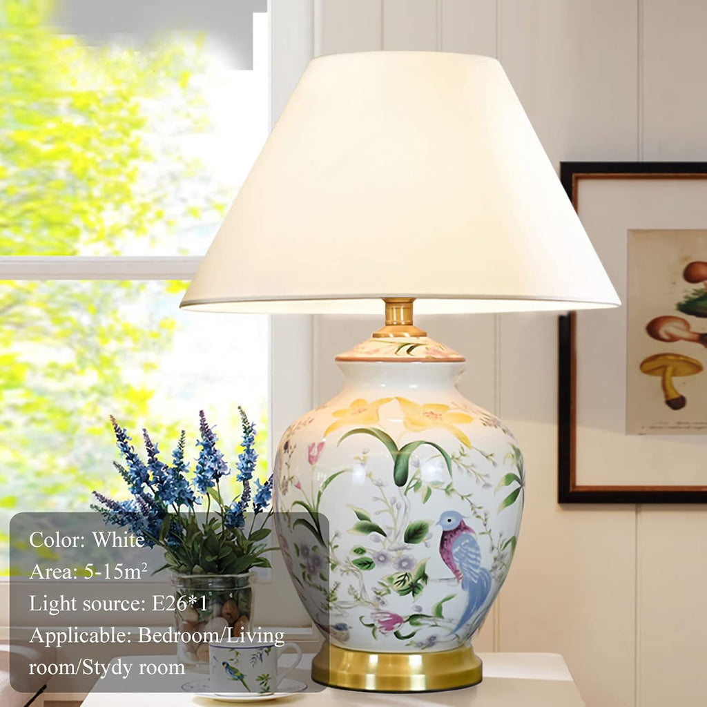 Chinoiserie Ceramic LED Table Lamp, American Flower&Bird Bedside Lamp, Classic White Fabric Lampshade Desk Nightstand Lamp for Bedroom Living Room Office College Bookcase
